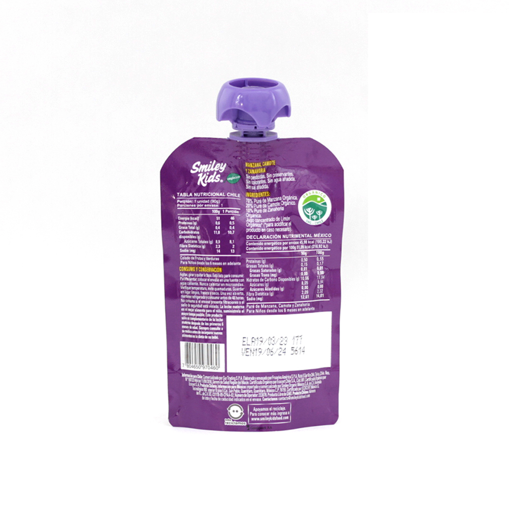 Papilla de manzana, camote y zanahoria orgánica 90 g Smiley Kids