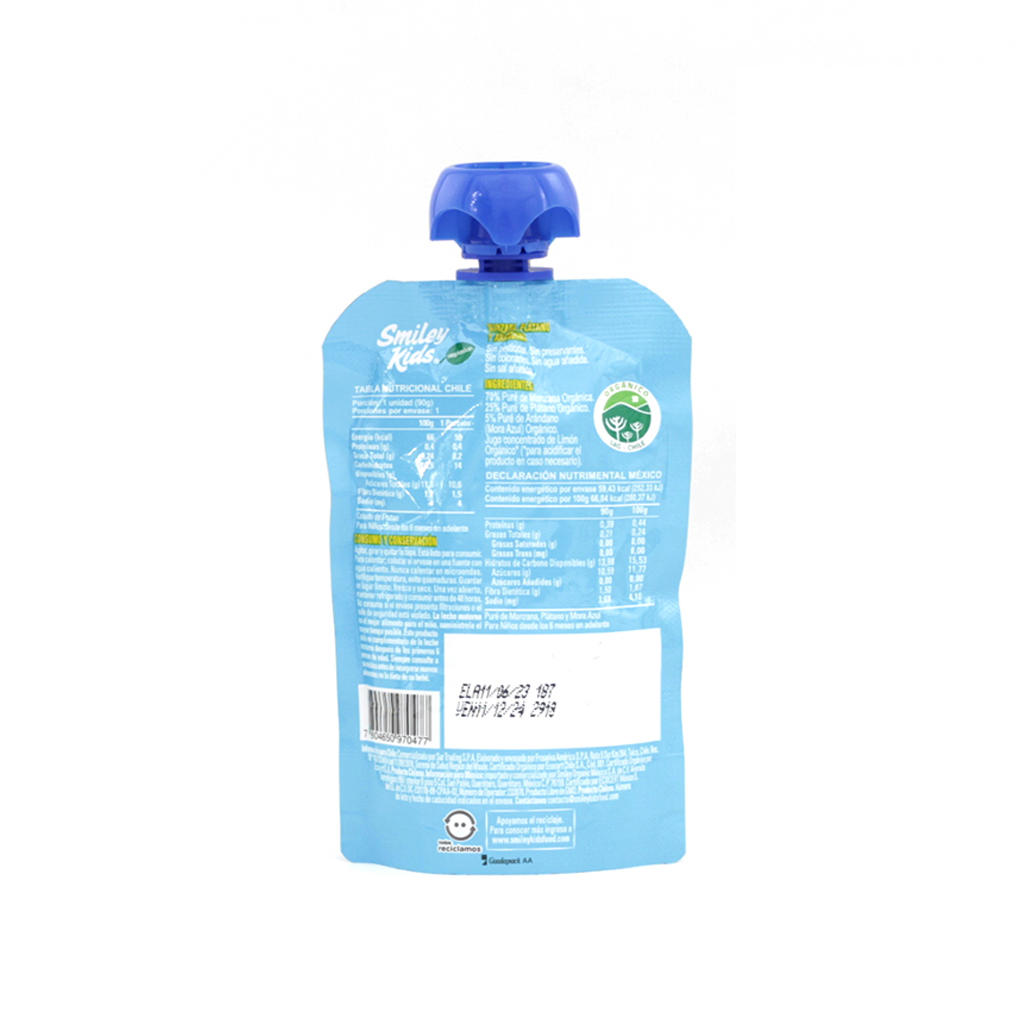 Papilla de manzana, plátano y arándano orgánica 90 g Smiley Kids