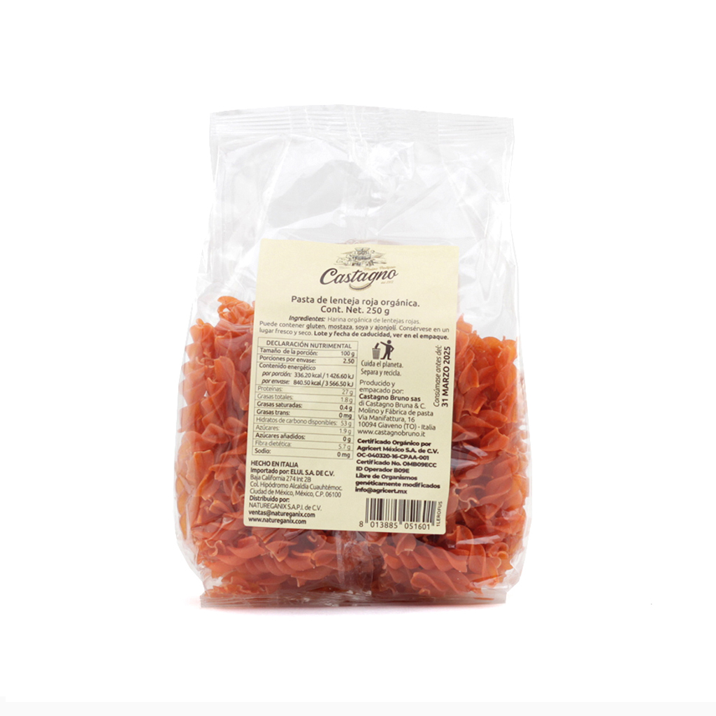 Pasta fusilli de lenteja roja 250 g Castagno
