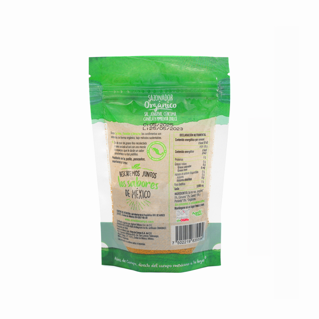 Sazonador sal, jengibre, cúrcuma, canela y pimienta dulce 80 g Aires de Campo