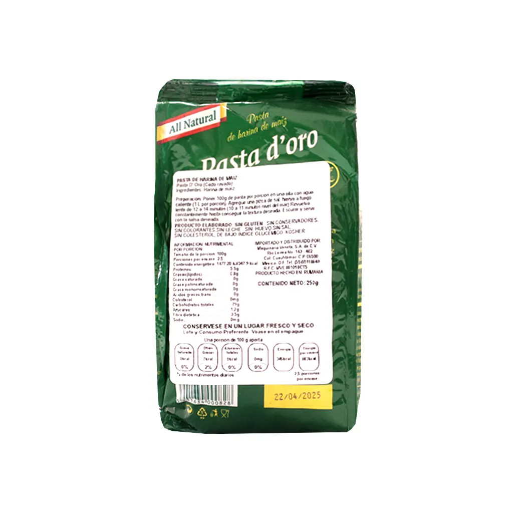 Pasta de maíz codo rayado 250 g D'oro