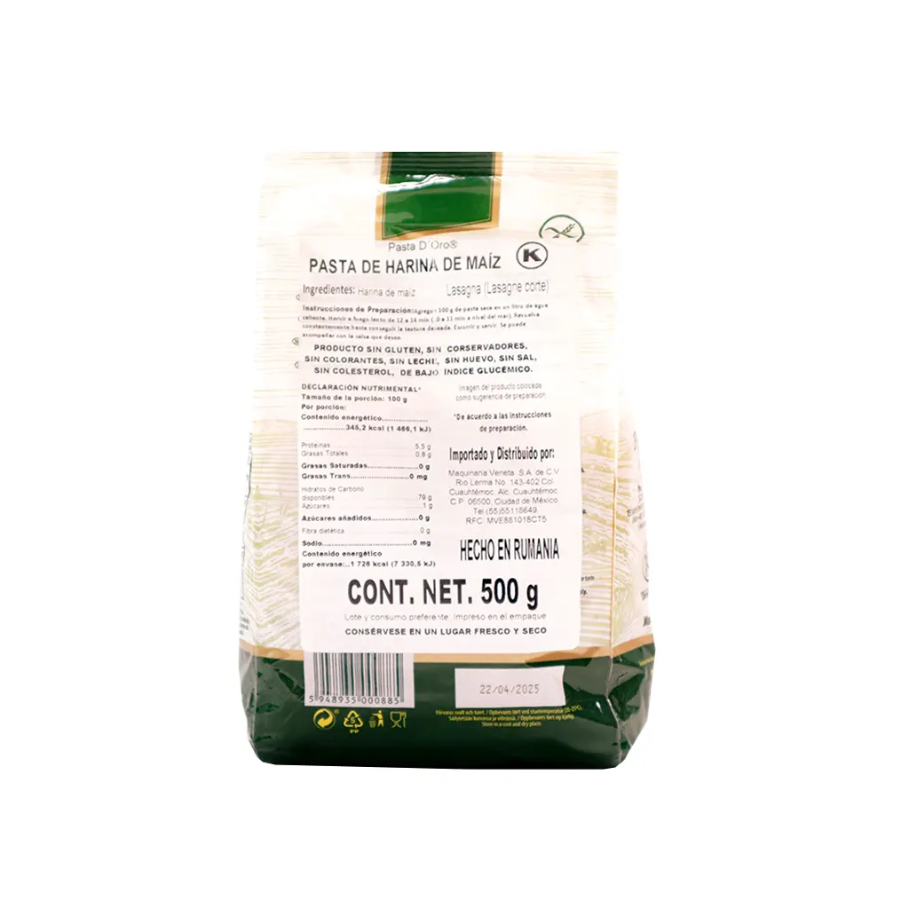 Pasta de maíz lasaña corta 500 g D'oro