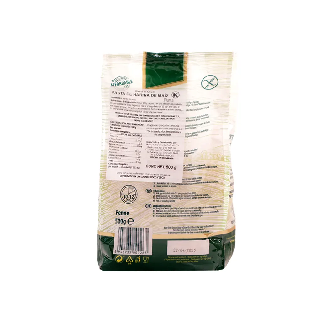 Pasta de maíz pluma rayada 500 g D'oro