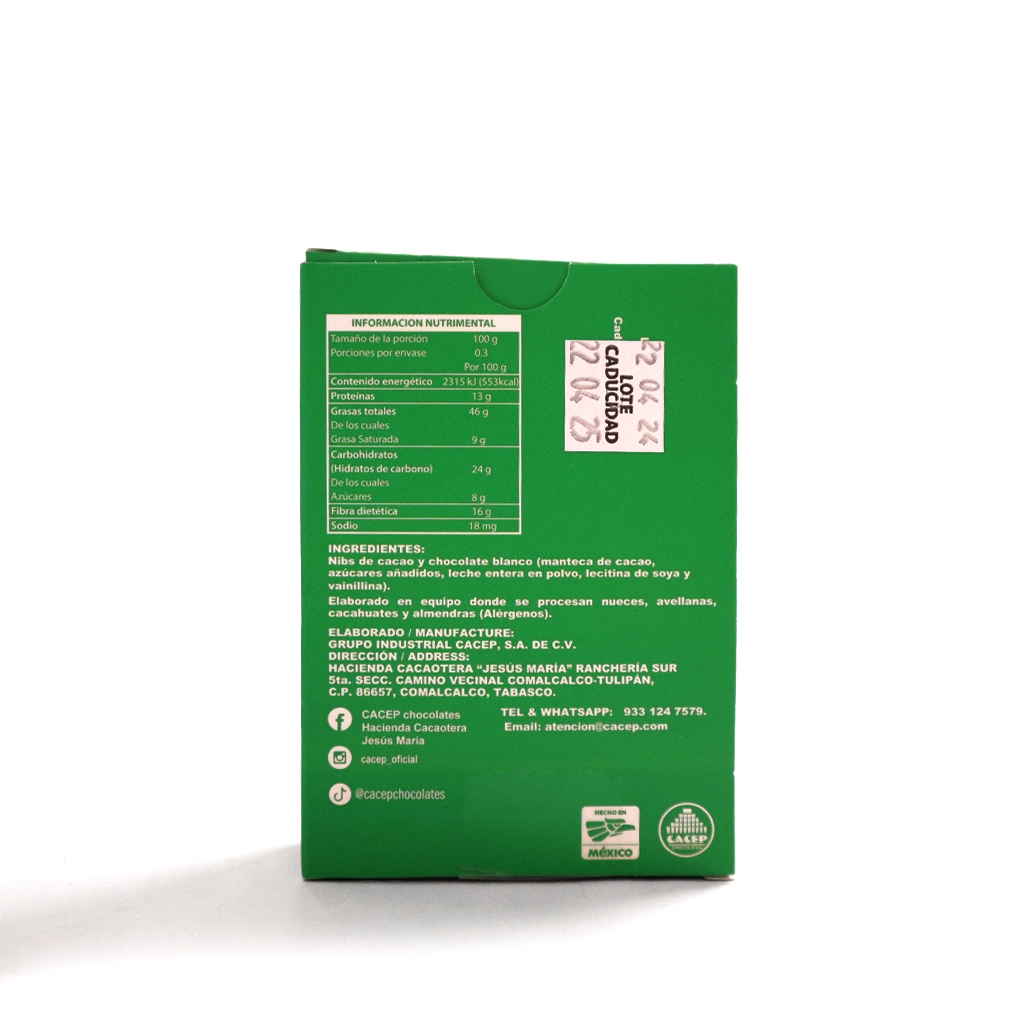 Nibs de cacao confitado con chocolate blanco 30 g Cacep