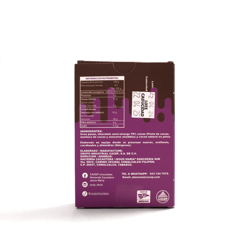 Pasas confitadas con chocolate 70% cacao 50 g Cacep