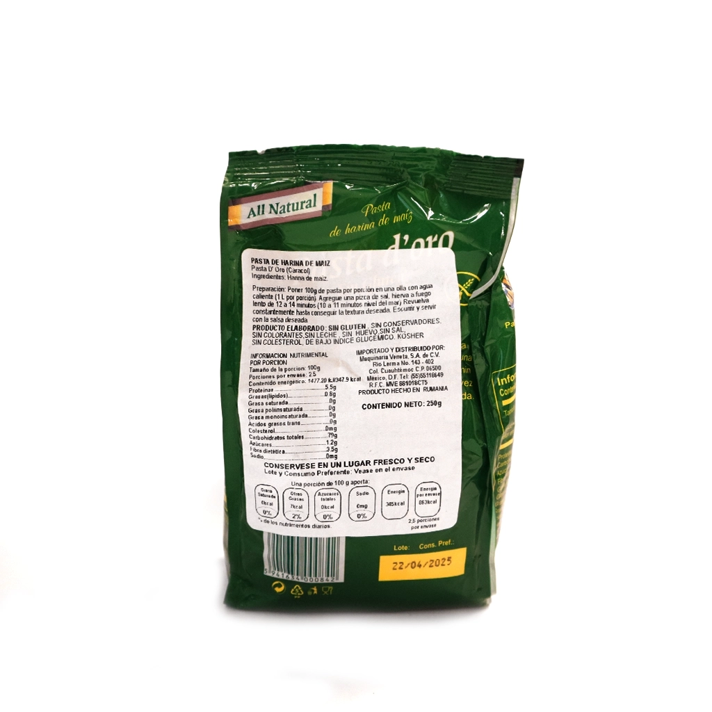 Pasta de maíz caracol 250 g D'oro
