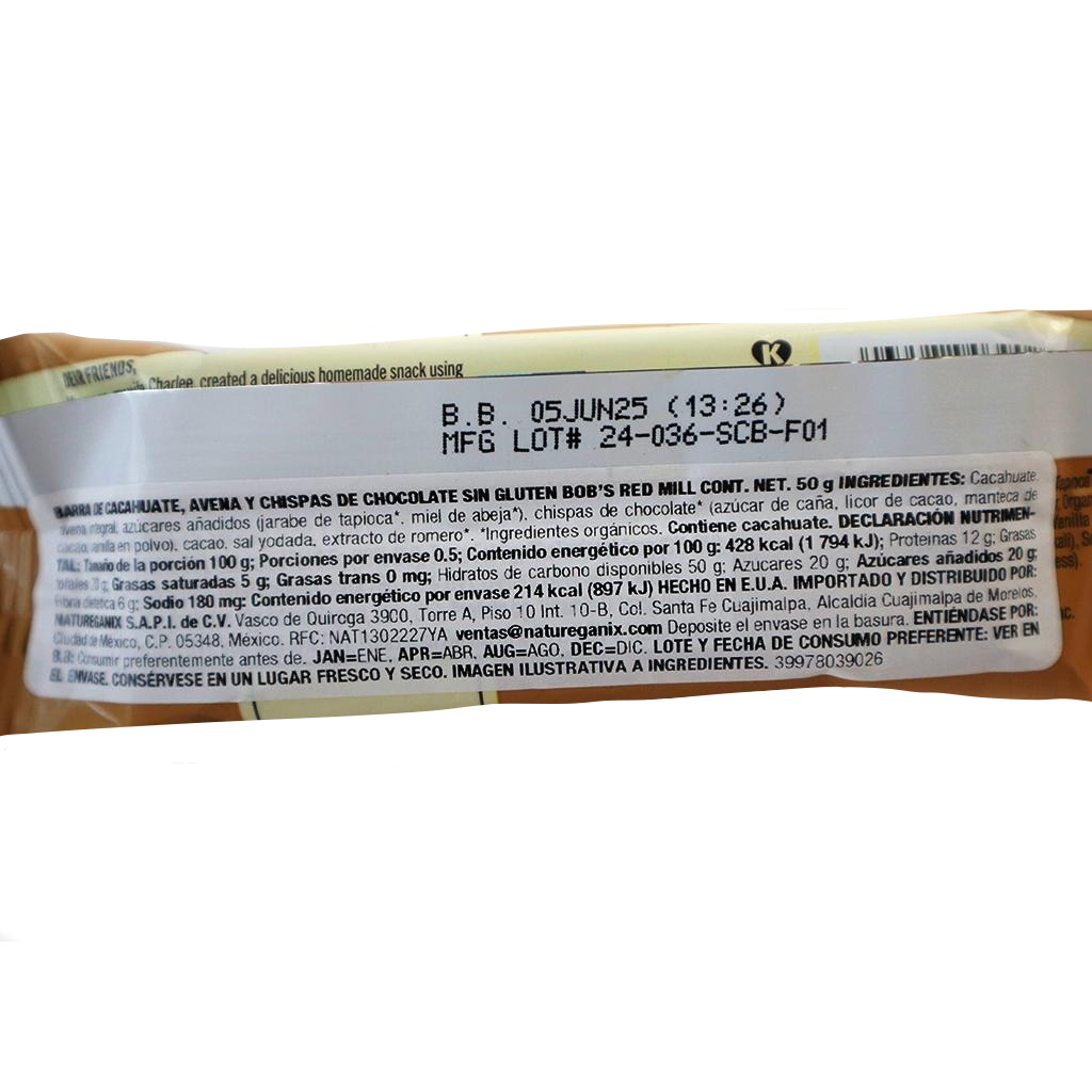 Barra de avena con mantequilla de cacahuate y chocolate 50 g Bob´s Red Mills