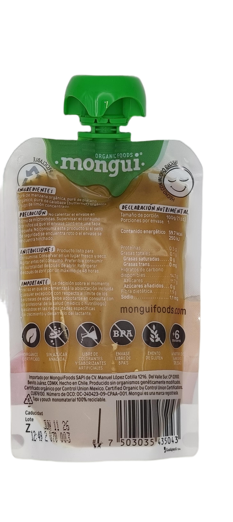 Papilla manzana, platano y calabaza 100 g Mongui