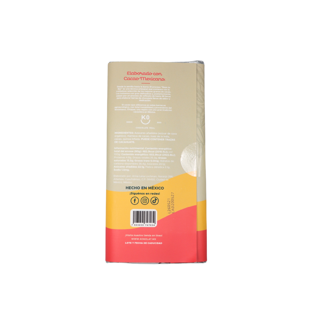 Barra chocolate tipo leche y quinoa 44% cacao 80 g Kokolat