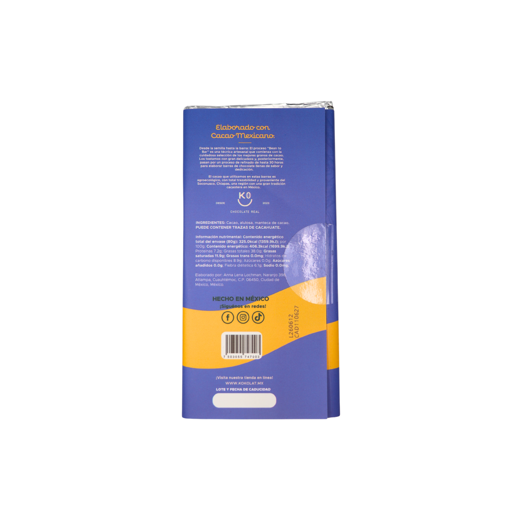 Barra de chocolate semiamargo sin azucar 80 g Kokolat 