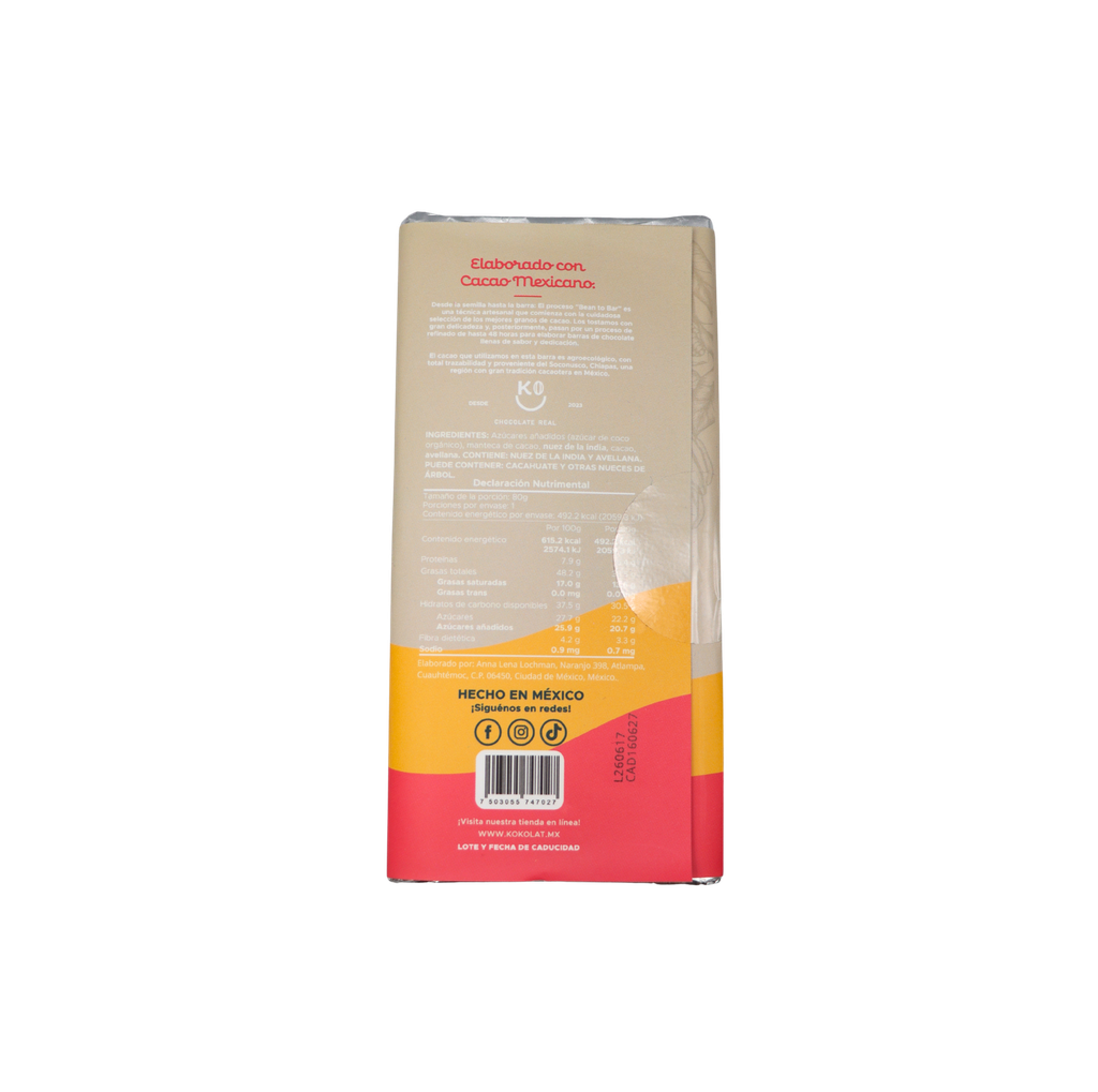 Barra chocolate tipo leche avellana 44% cacao 80 g Kokolat