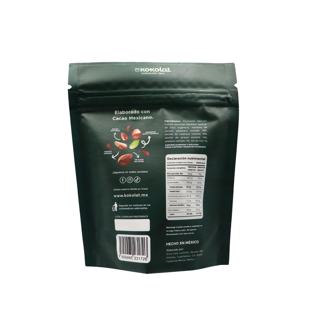 Nueces y semillas cubiertas chocolate 70% cacao 75 g Kokolat