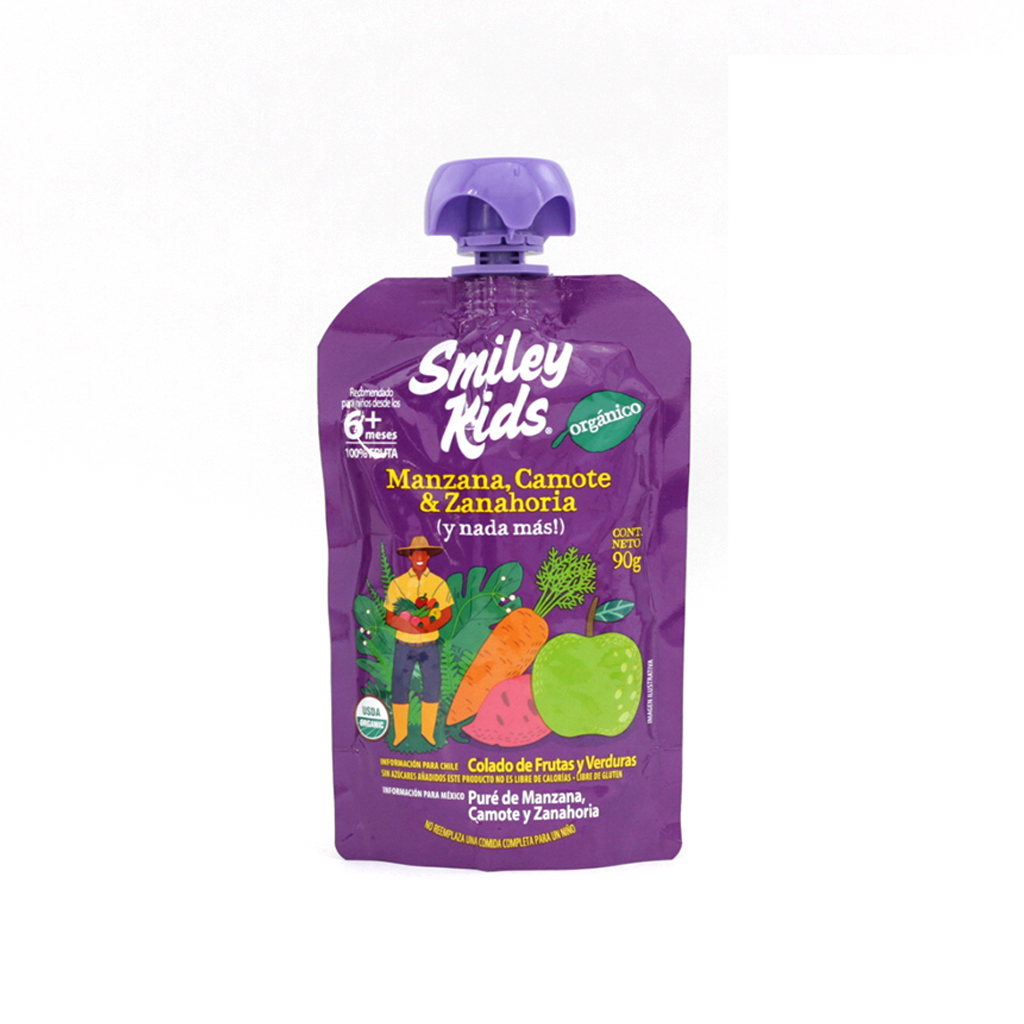 [7804650970460] Papilla de manzana, camote y zanahoria orgánica 90 g Smiley Kids