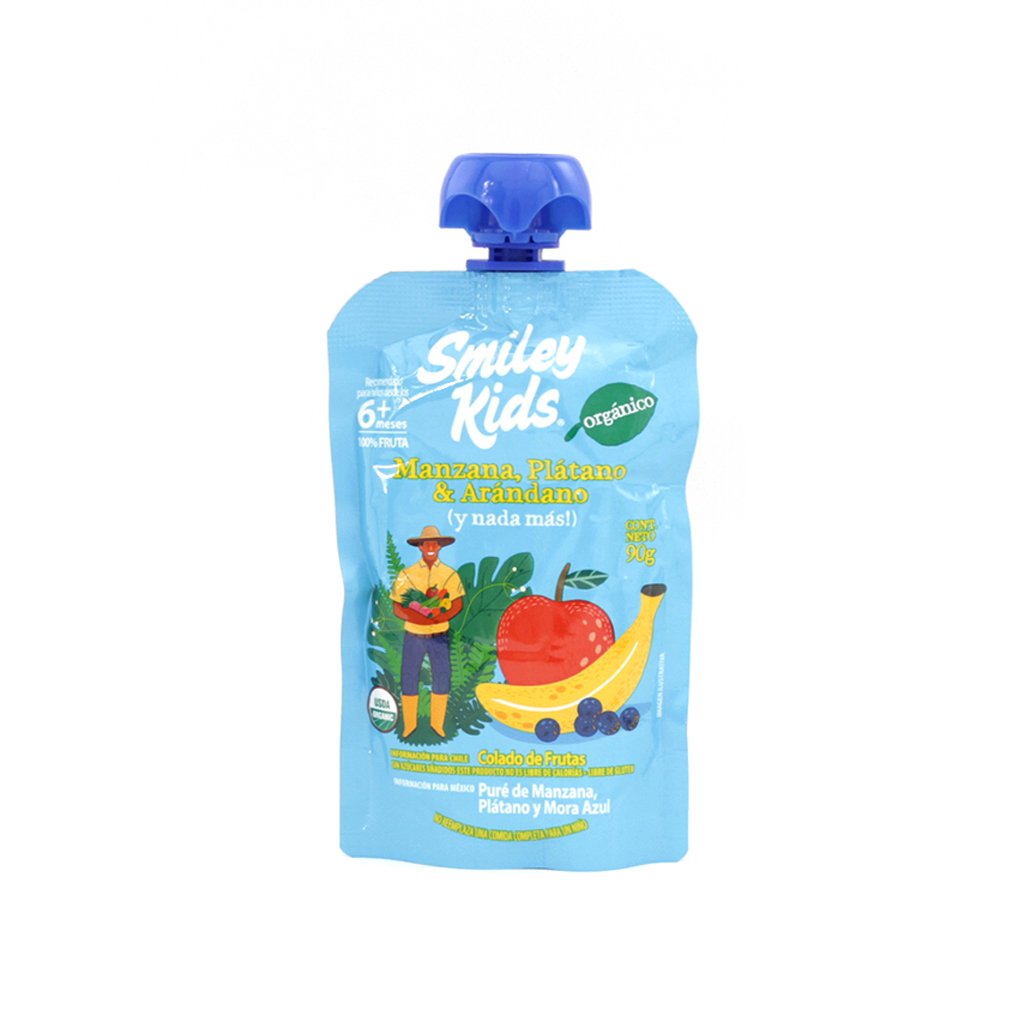 [7804650970477] Papilla de manzana, plátano y arándano orgánica 90 g Smiley Kids