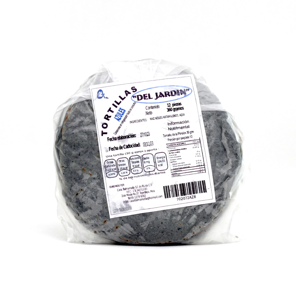[702072AZ8] Tortilla de maíz azul 12 pzas Del Jardín
