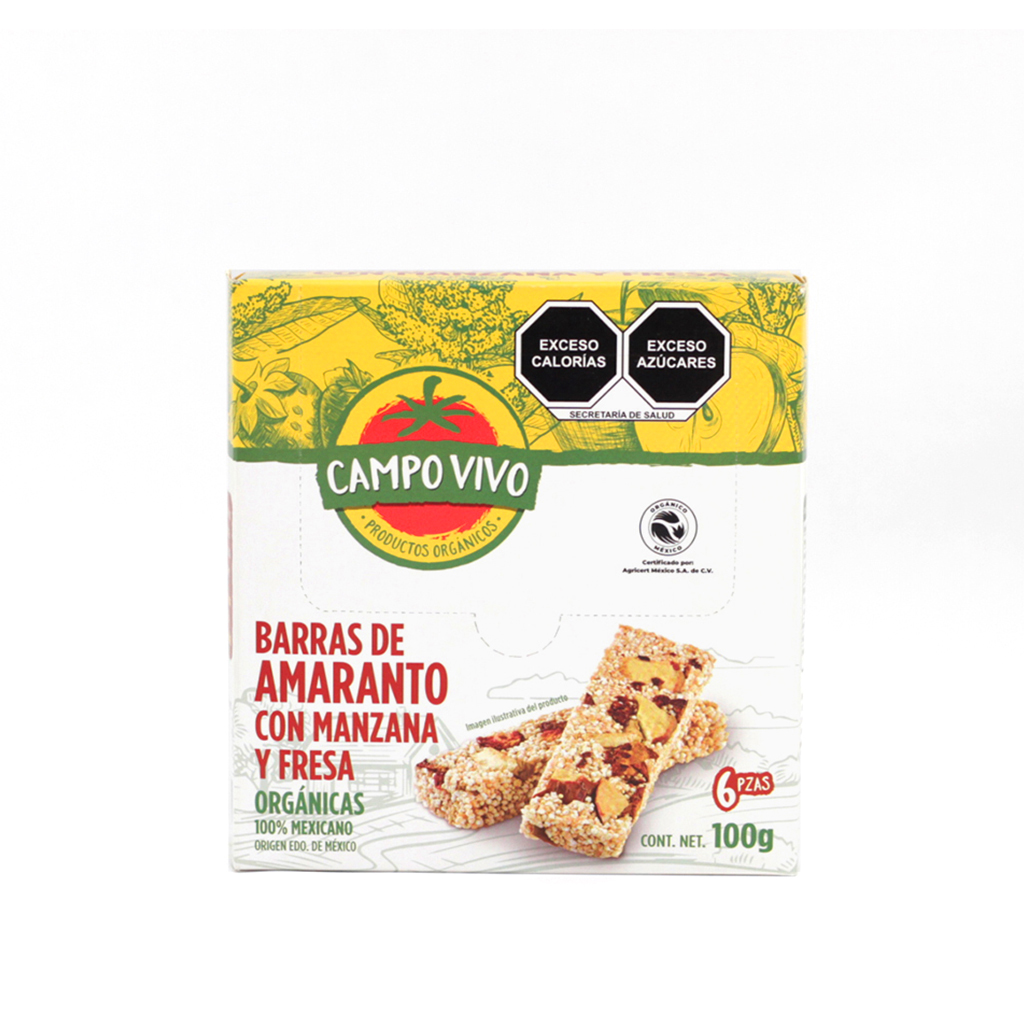 Barra de amaranto con fresa y manzana 6 pzas 102 g Campo Vivo