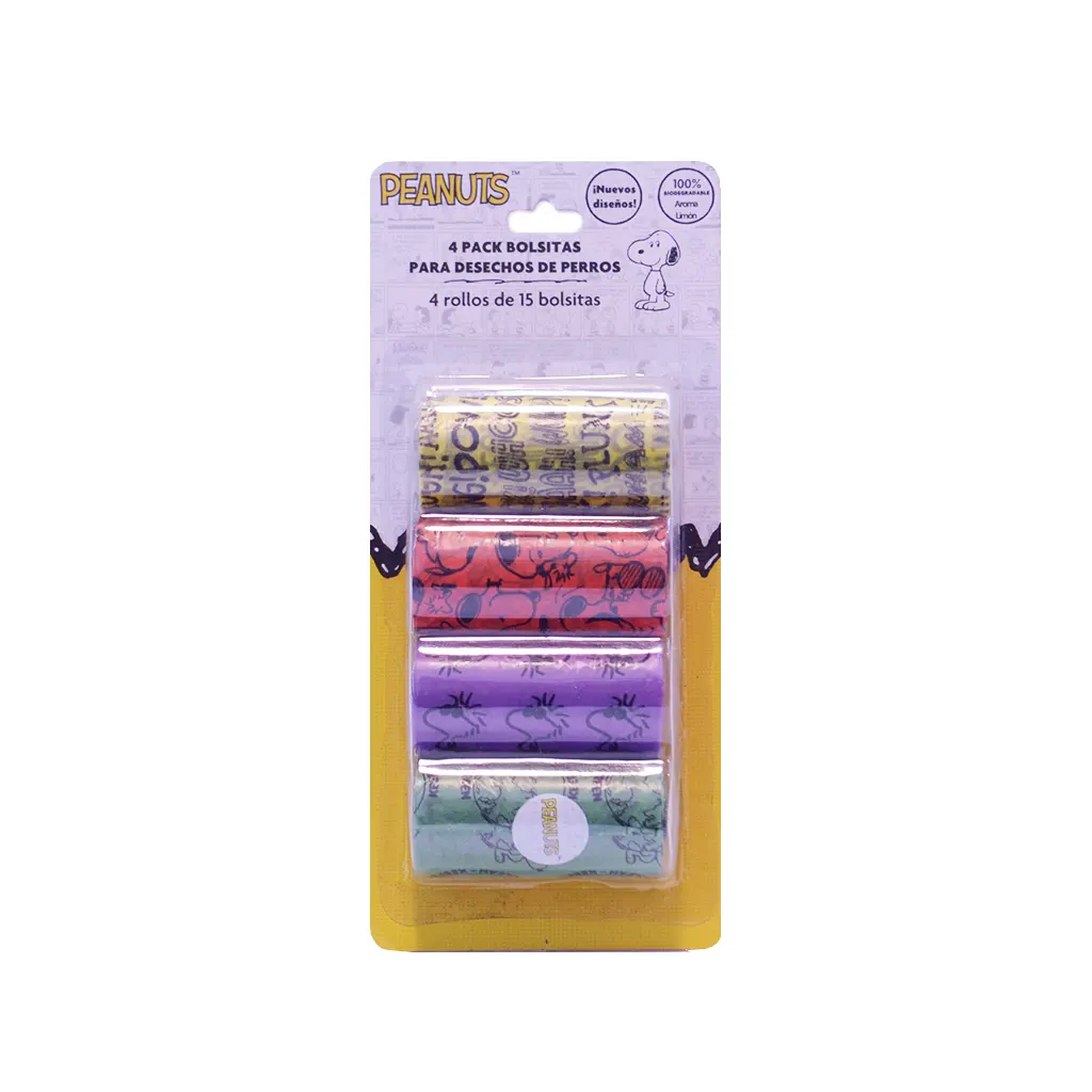 Bolsas biodegradables para heces 4 rollos 60 pzas Peanuts