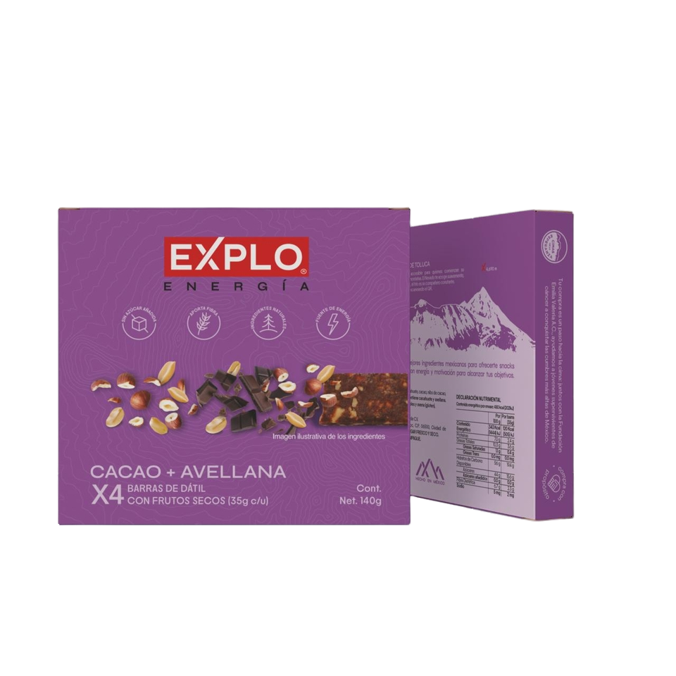 Caja barra de cacao avellana y dátil 4 pzas 35 g c/u Explo