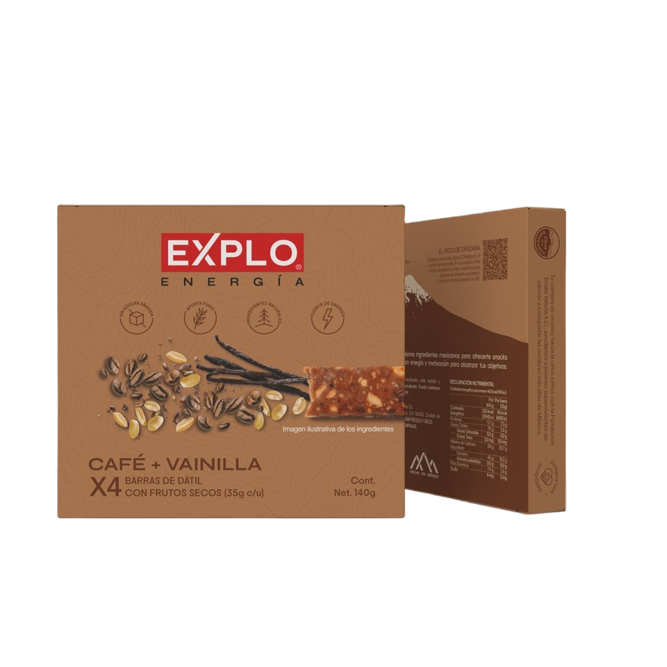 Caja barra de café vainilla y dátil 4 pzas 35 g c/u Explo