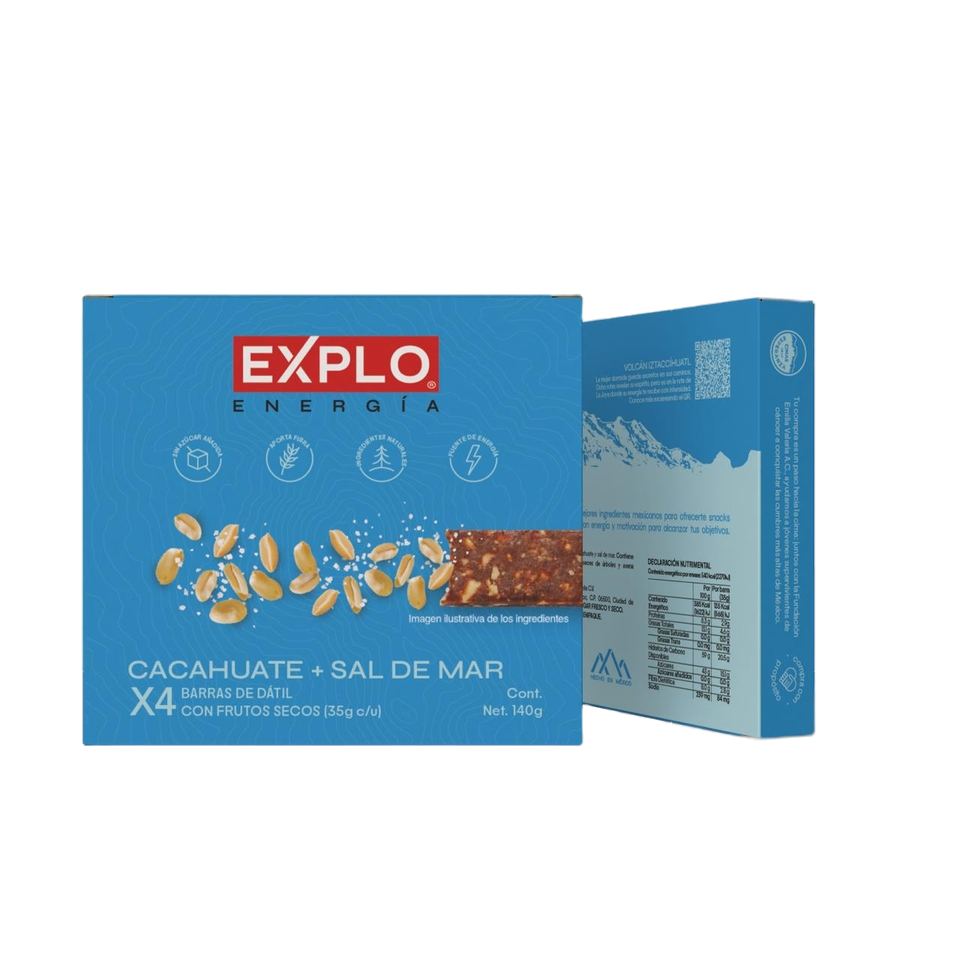 Caja barra de cacahuate sal de mar y dátil 4 pzas 35 g c/u Explo