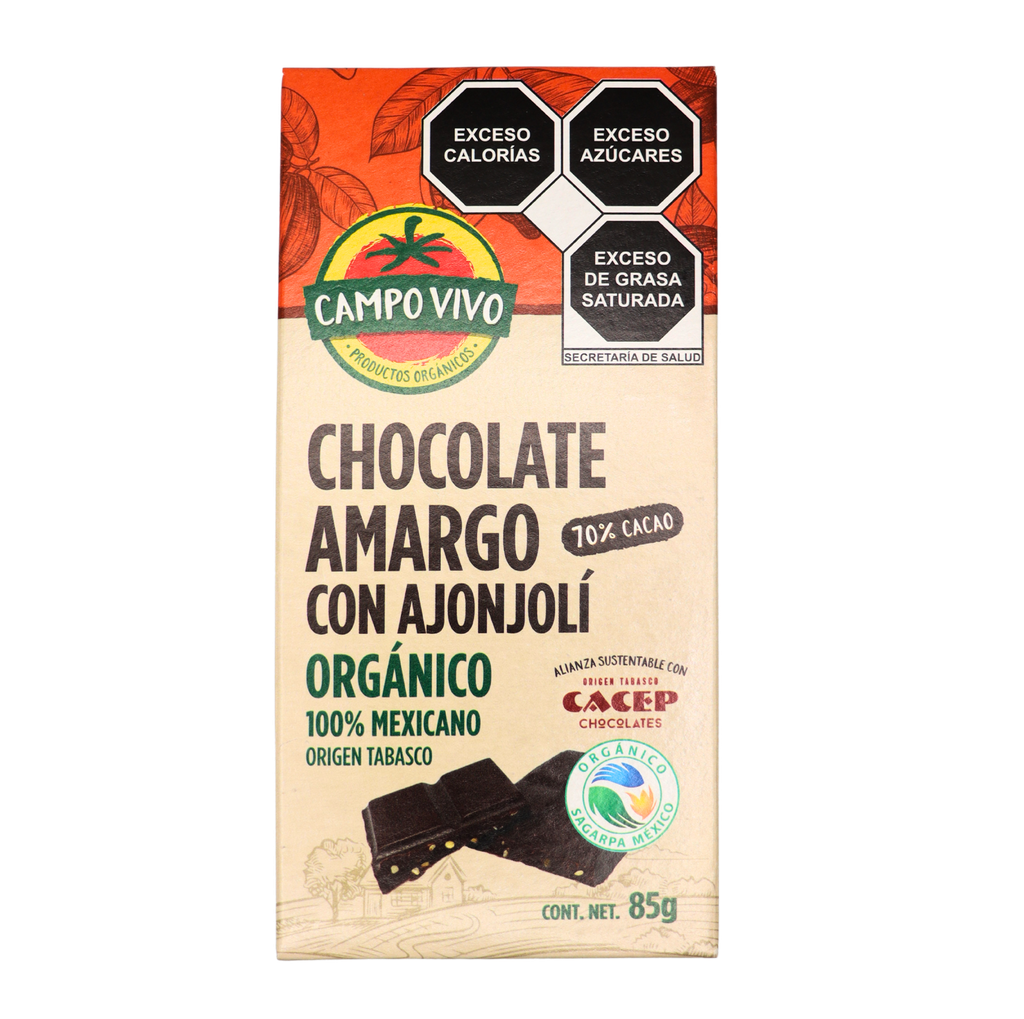 Barra de chocolate con ajonjolí 70 % cacao orgánica 85 g Campo Vivo