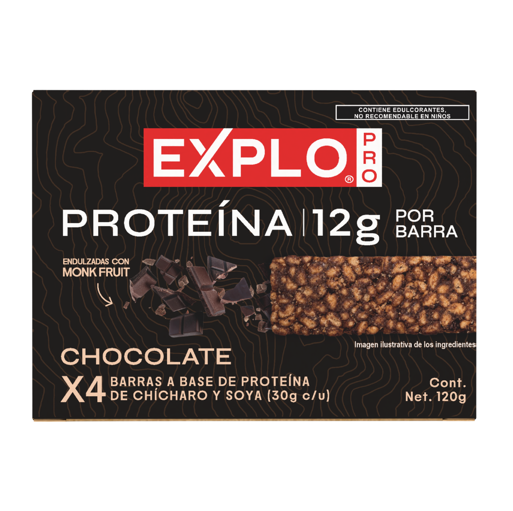 Caja barras de proteína soya chícharo chocolate 4 piezas 120 g Explo