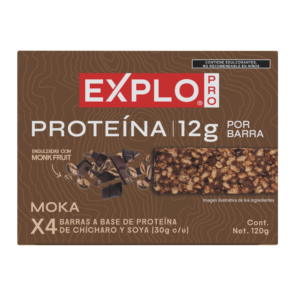 Caja barras de proteína soya chícharo moka 4 piezas 120 g Explo