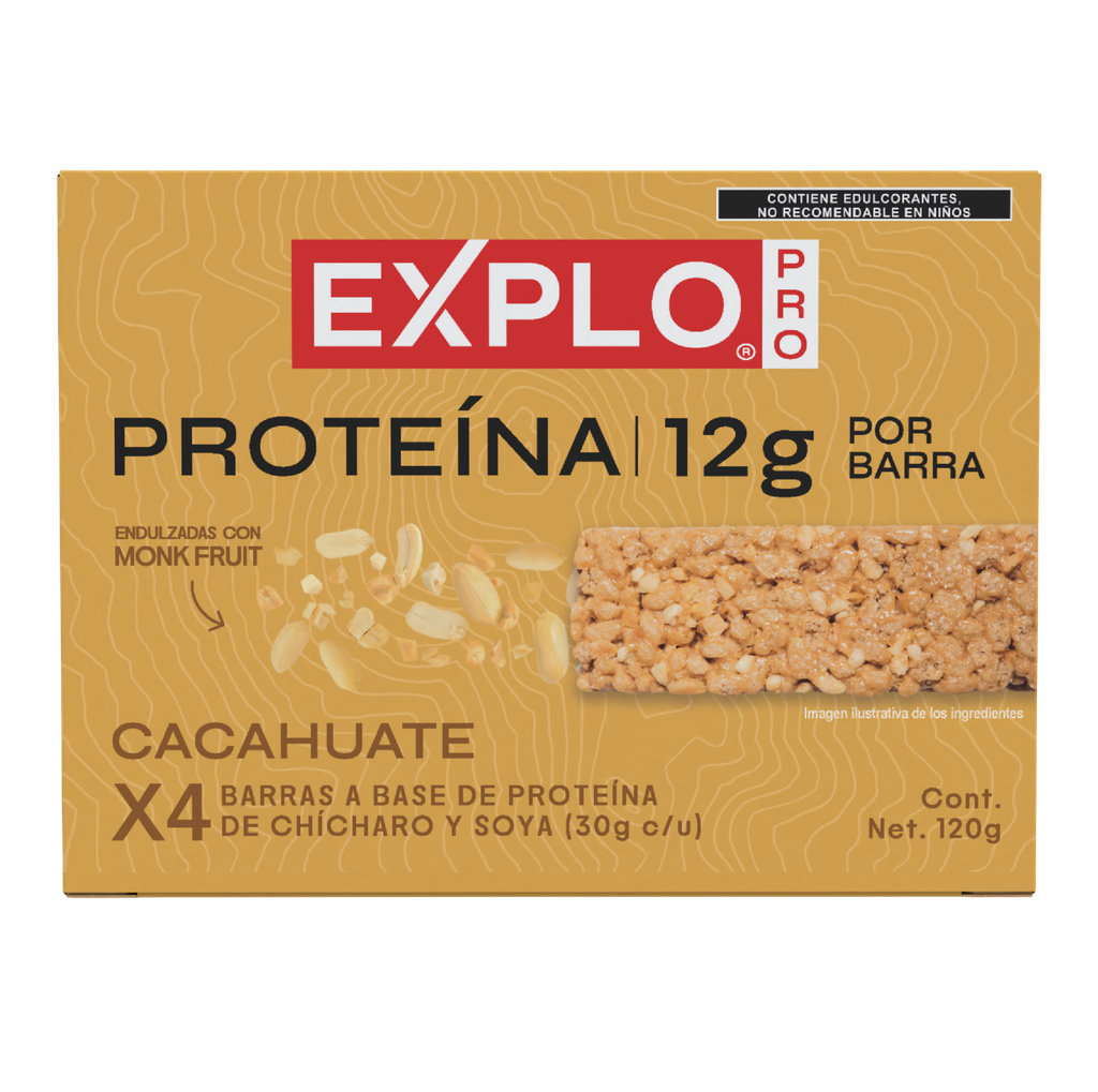 Caja barras de proteína soya chícharo cacahuate 4 piezas 120 g Explo