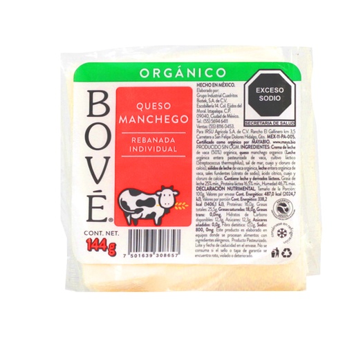 [7501639308657] Queso Manchego Orgánico rebanado ind. 144 G Bové 