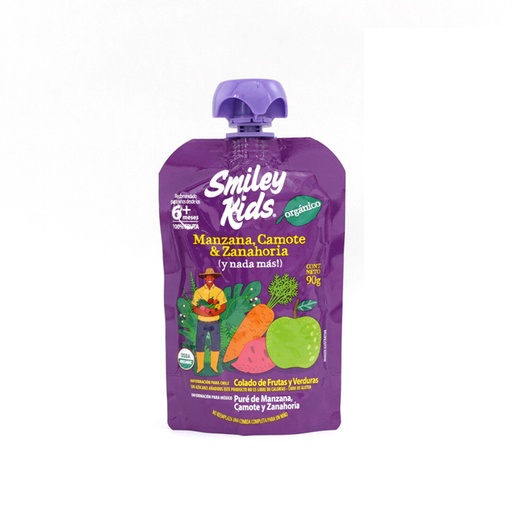 [7804650970460] Papilla de manzana, camote y zanahoria orgánica 90 g Smiley Kids