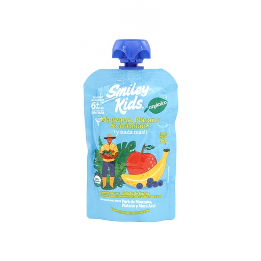 [7804650970477] Papilla de manzana, plátano y arándano orgánica 90 g Smiley Kids