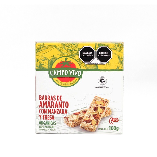[7502236172634] Barra de amaranto con fresa y manzana 102 g Campo Vivo