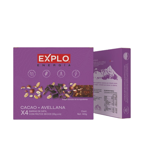 [7500465384323] Caja barra de cacao avellana y dátil 4 pzas 35 g c/u Explo