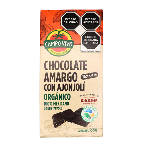 [7502236173655] Barra de chocolate con ajonjolí 70 % cacao orgánica 85 g Campo Vivo