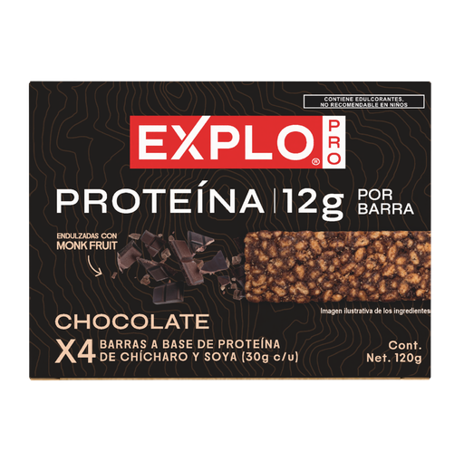 [7503055404265] Caja barras de proteína soya chícharo chocolate 4 piezas 120 g Explo