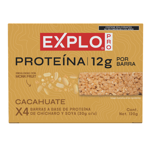[7503055404258] Caja barras de proteína soya chícharo cacahuate 4 piezas 120 g Explo